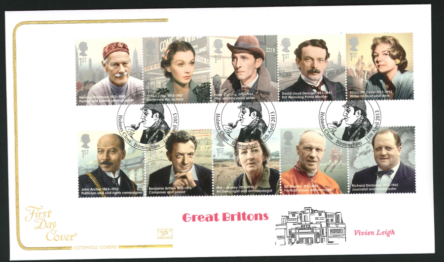 2013 - Great Britons Cotswold First Day Cover, Holmes Close Birmingham Postmark