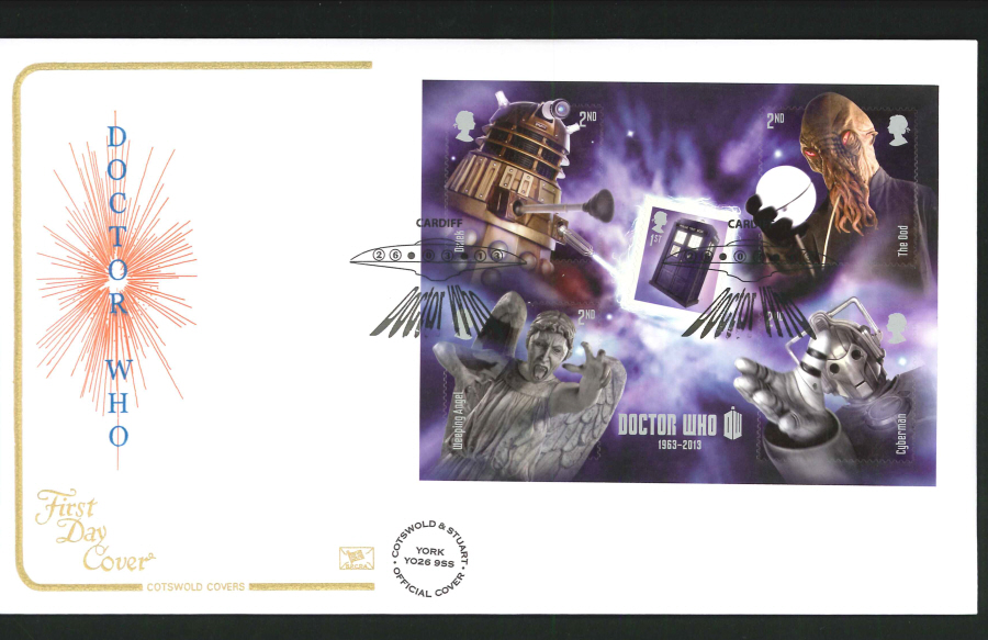 2013 - Dr. Who Mini Sheet Cotswold FDC Cardiff (SPACESHIP ) Handstamp