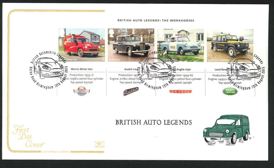 2013 - British Auto Legends Miniature Sheet Cotswold First Day Cover, Aston Road Birmingham Postmark