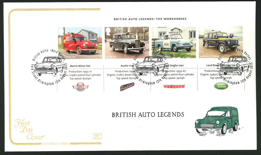 2013 - British Auto Legends Miniature Sheet Cotswold First Day Cover, Ford Street Birmingham Postmark