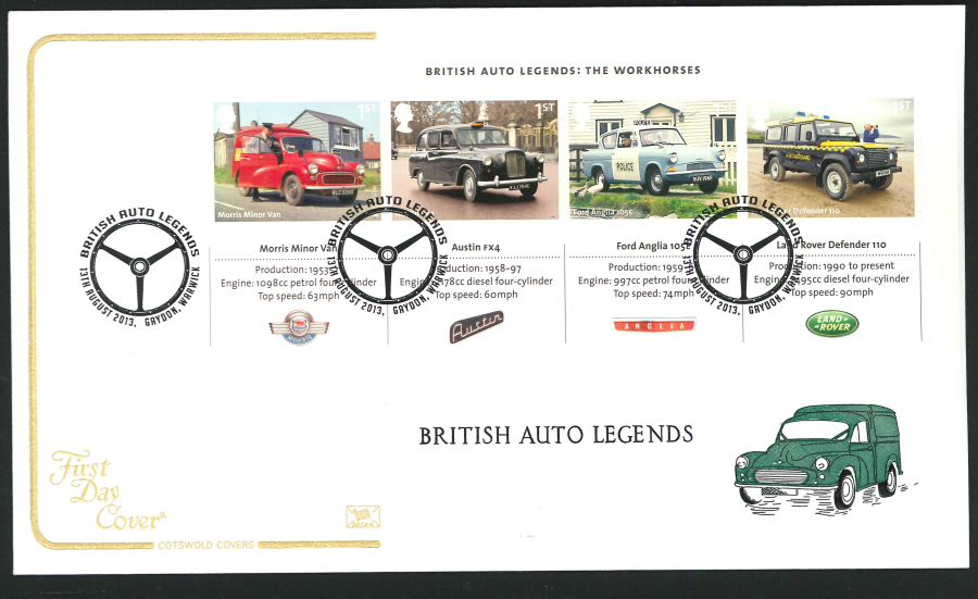 2013 - British Auto Legends Miniature Sheet Cotswold First Day Cover,Gaydon Postmark