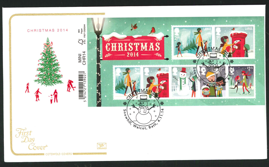 2014 Christmas Mini Sheet,COTSWOLD, FDC Snowhill, Bath Handstamp