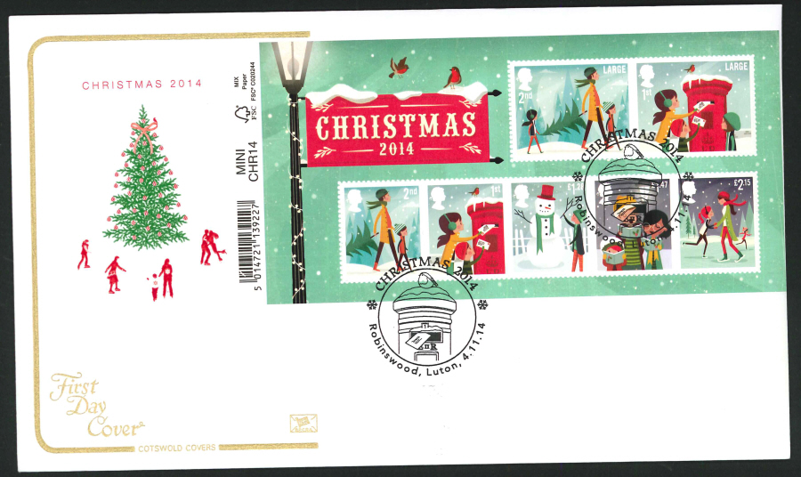 2014 Christmas Mini Sheet,COTSWOLD, FDC Robinswood Handstamp
