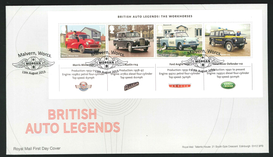 2013 - British Auto Legends Miniature Sheet First Day Cover, Morgan / Malvern Worcs Postmark