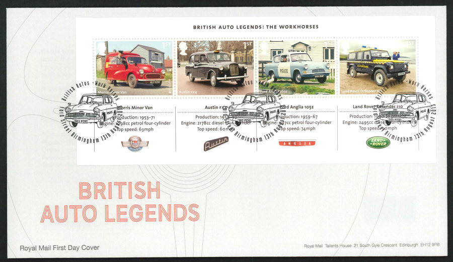 2013 - British Auto Legends Miniature Sheet First Day Cover, Ford Street Birmingham Postmark