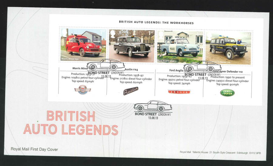 2013 - British Auto Legends Miniature Sheet First Day Cover, Bond Street London W1 Postmark