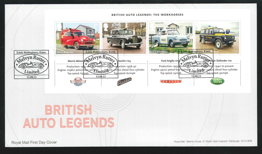 2013 - British Auto Legends Miniature Sheet First Day Cover, Melvyn Rutter Essex Postmark