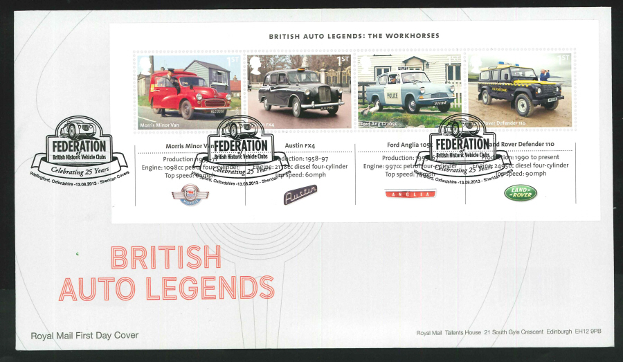 2013 - British Auto Legends Miniature Sheet First Day Cover, Wallingford/ Historic Vehicle Clubs Postmark