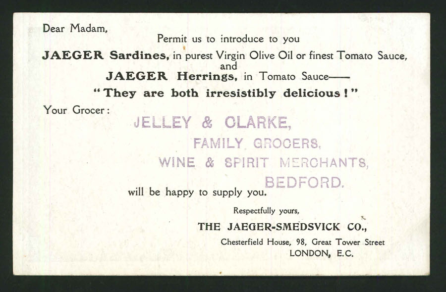 Postcard Advertising - Jelly & Clarke Family Grocers,Bedford