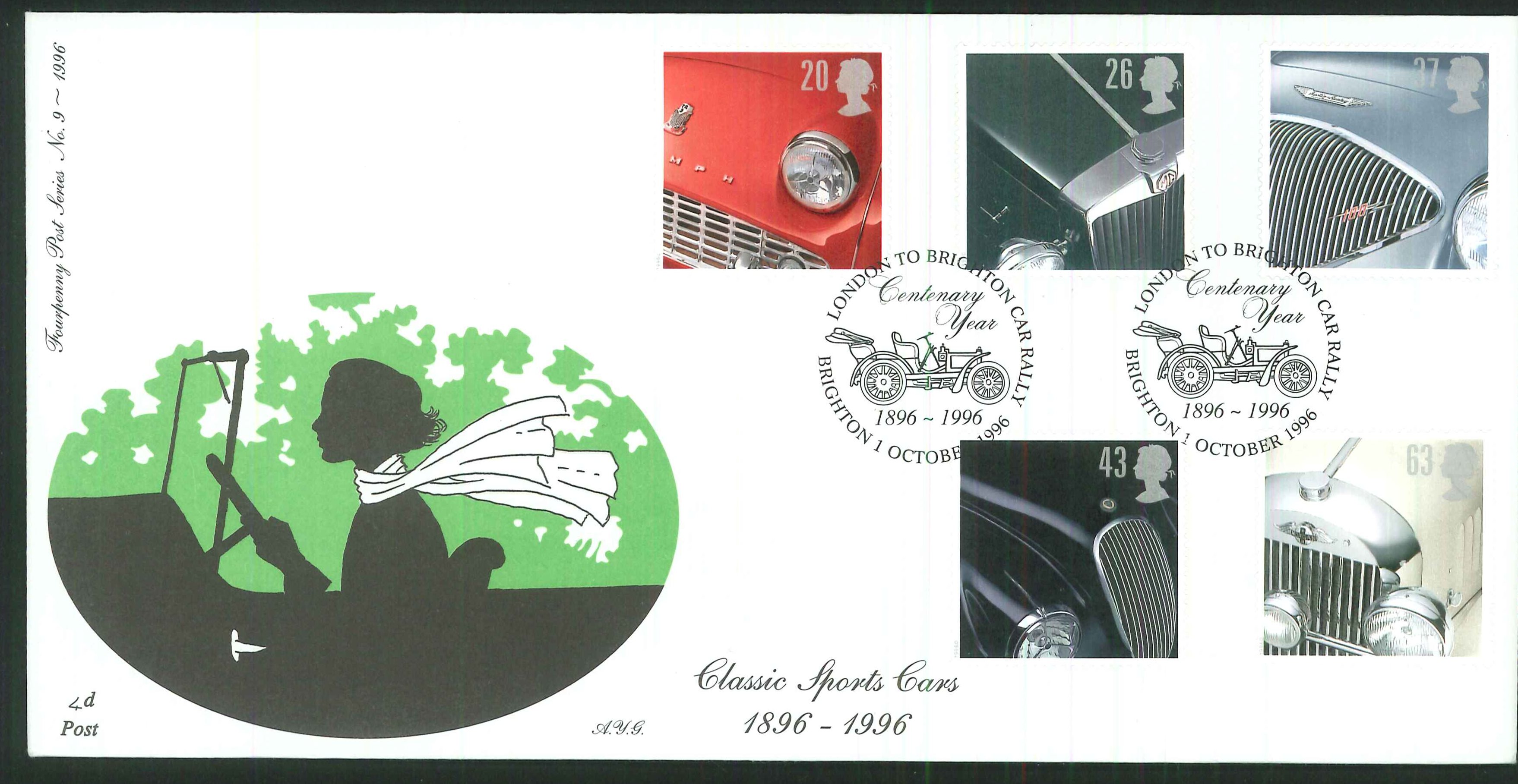 1996 - Classic Sports Cars 1896 - 1996, First Day Cover - Brighton Postmark - Click Image to Close