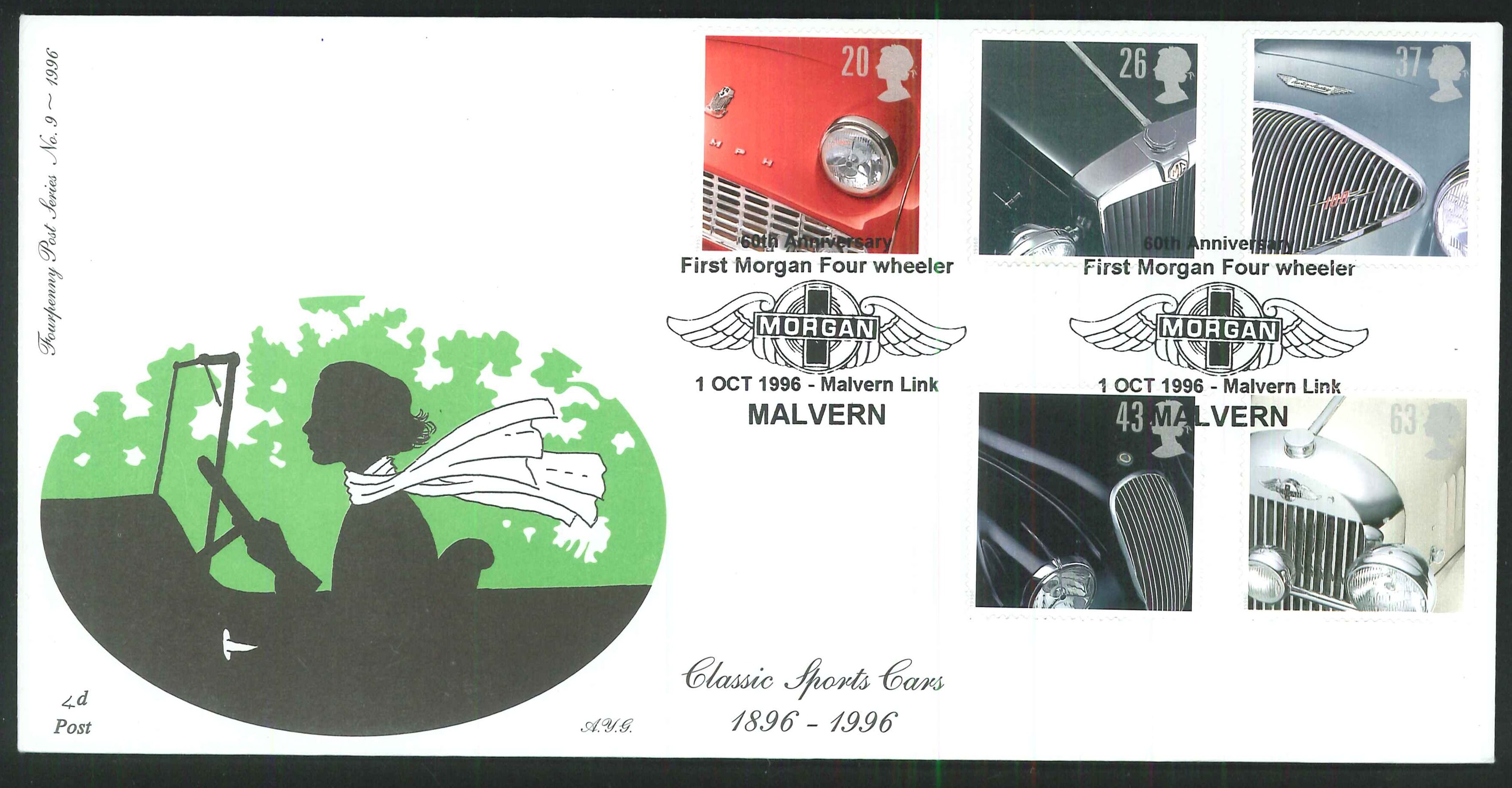 1996 - Classic Sports Cars 1896 - 1996, First Day Cover - Malvern Postmark