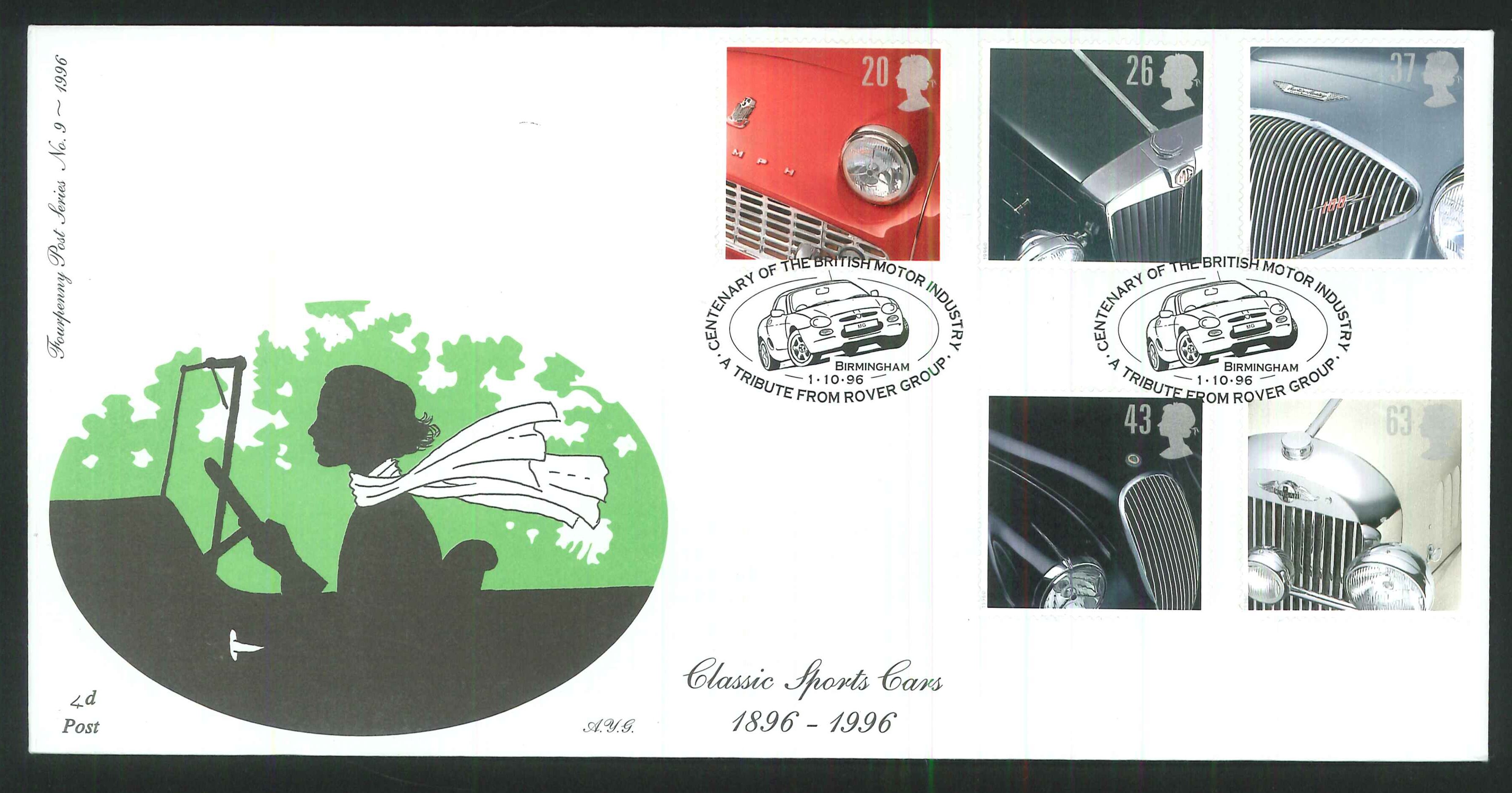 1996 - Classic Sports Cars 1896 - 1996, First Day Cover - Birmingham Postmark - Click Image to Close