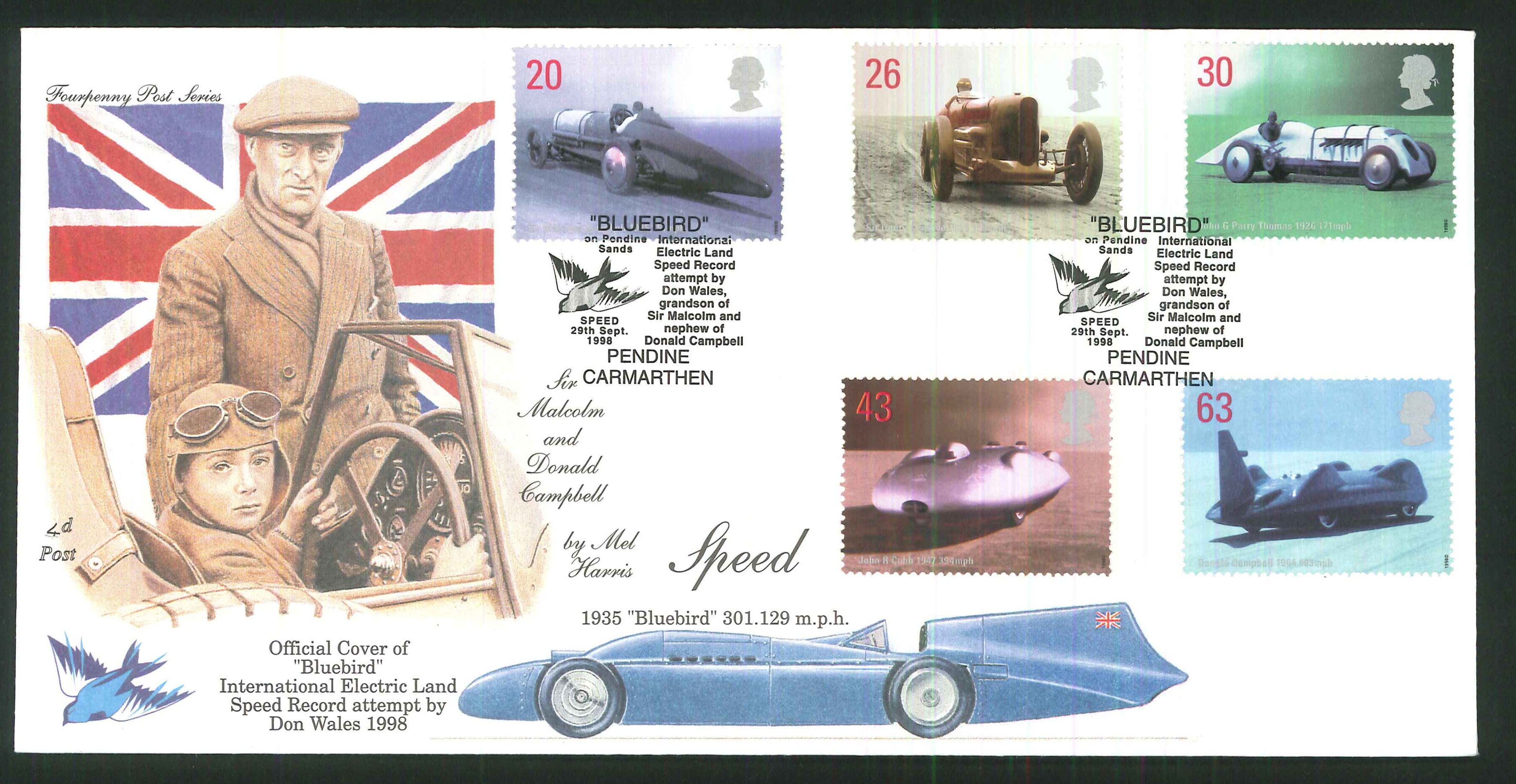 1998 - Speed First Day Cover - "Bluebird" Don Wales, Pendine Carmarthen Postmark