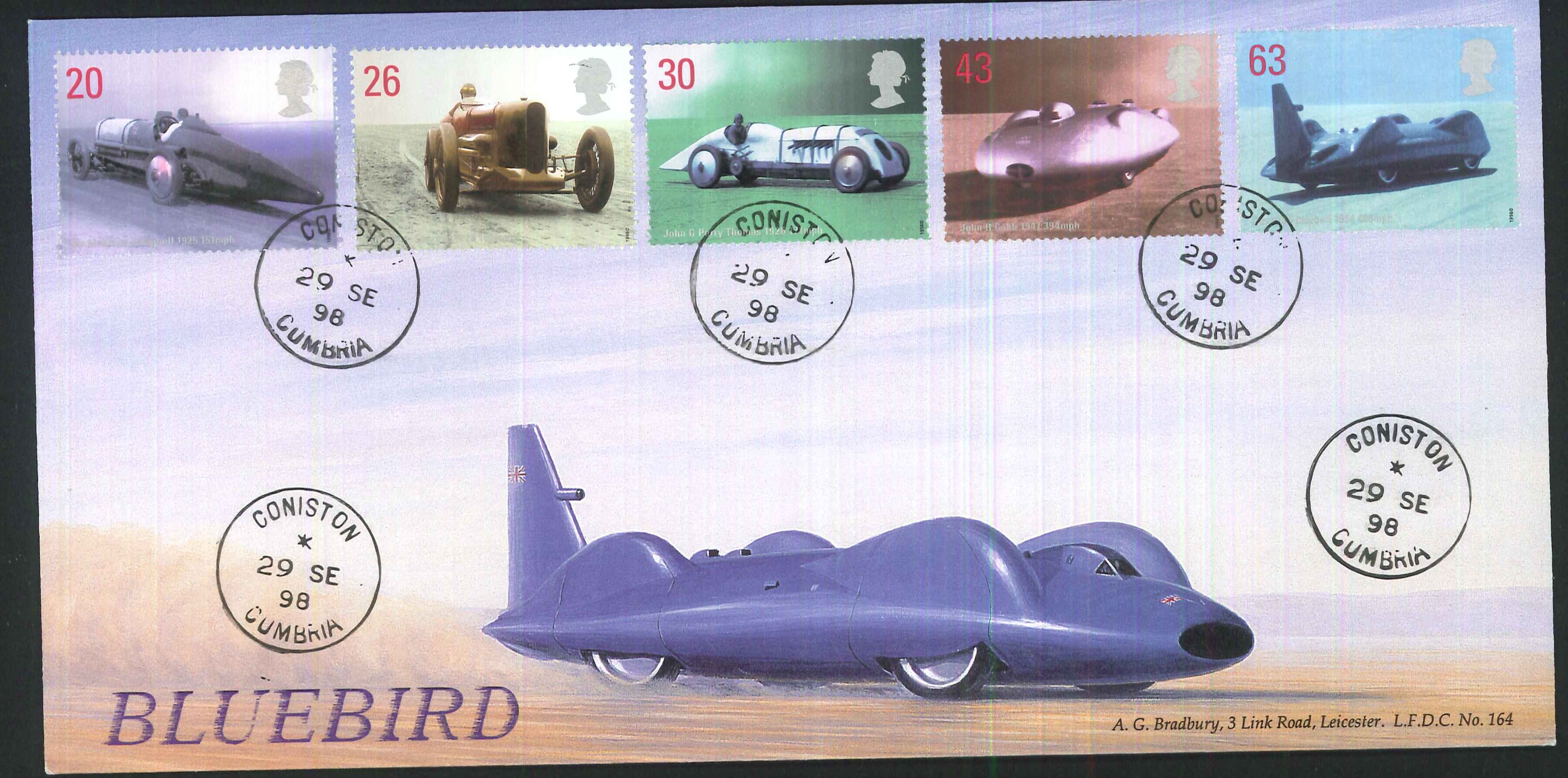 1998 - Speed First Day Cover - "Bluebird" , Coniston, CDS Postmark