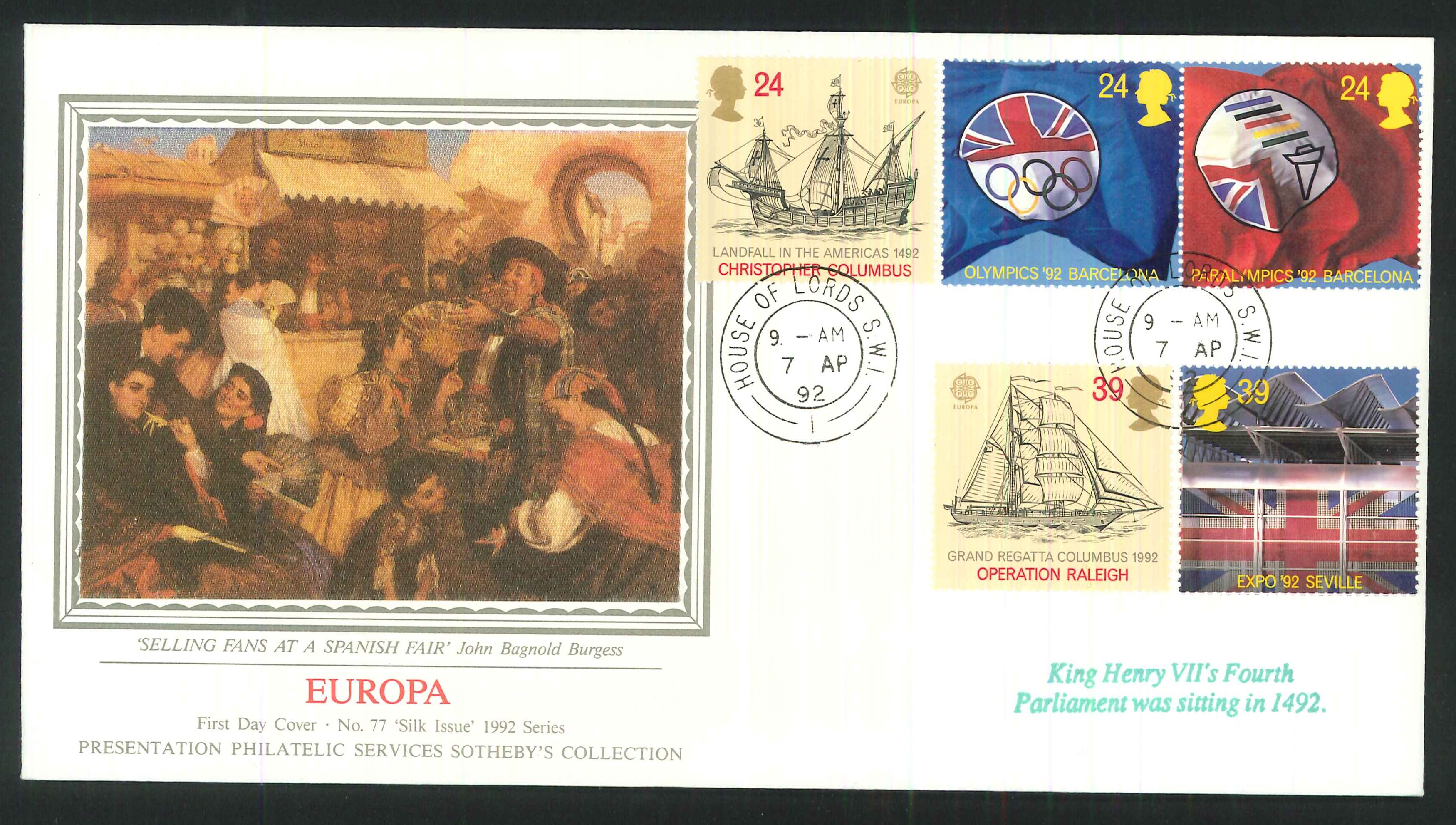 1992 - Europa, First Day cover- House of Lords CDS Postmark - Click Image to Close