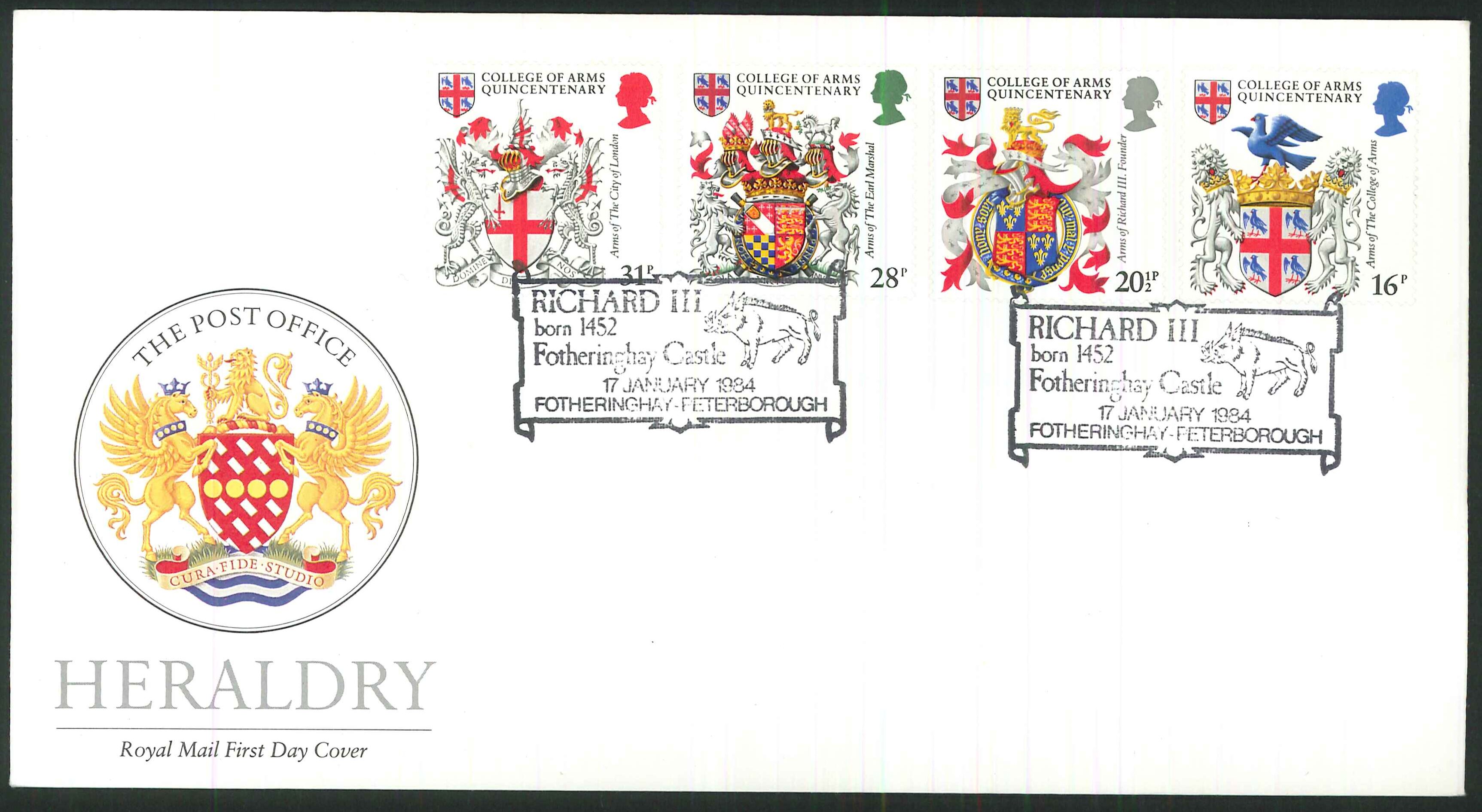 1984 - Heraldry, First Day Cover , Fotheringhay, Peterborough Postmark