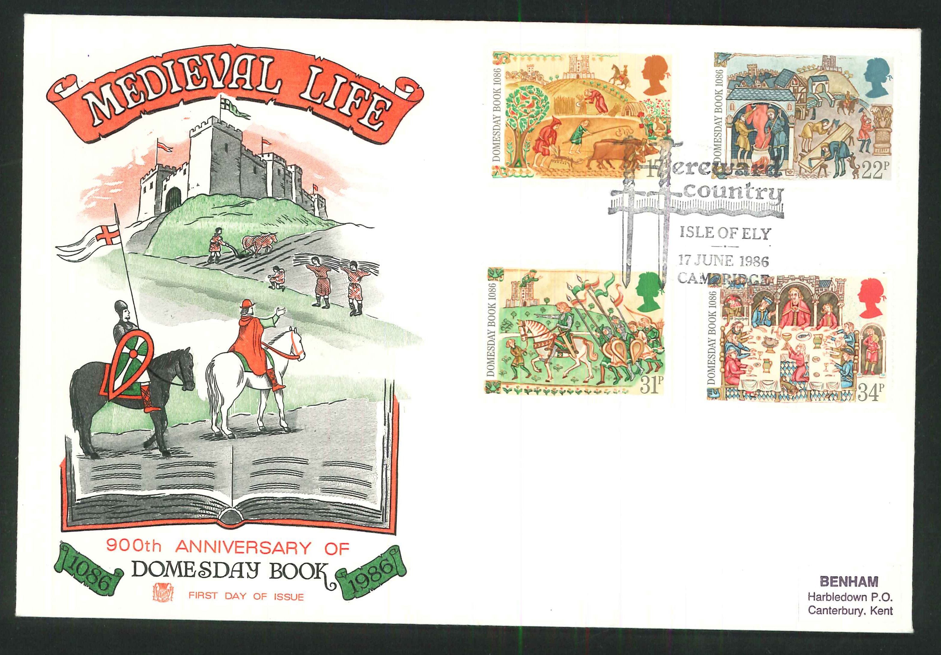 1986 - Medieval Life, First Day Cover , Isle of Ely, Cambridge Postmark