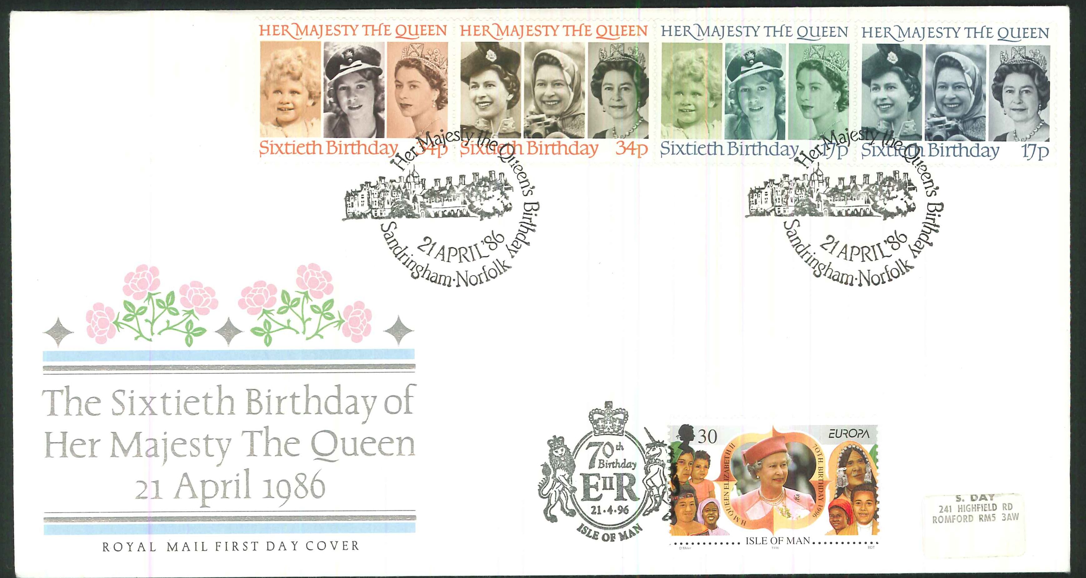 1986 - Queen's 60th Birthday, First Day Cover, Dual Sandringham / Isle of Man Postmark - Click Image to Close