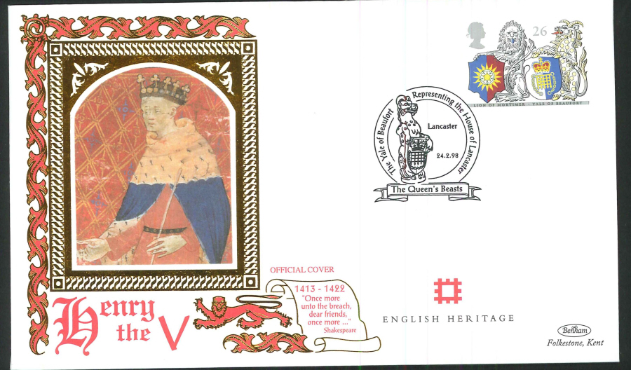 1998 - Queen's Beasts, English Heritage, Set of 5 First Day Covers - Multi Postmarks