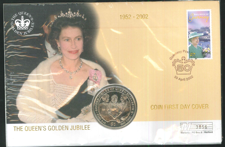 2002 Queen's Golden Jubilee Coin Cover (27p) - $1 Coin and Guernsey Postmark