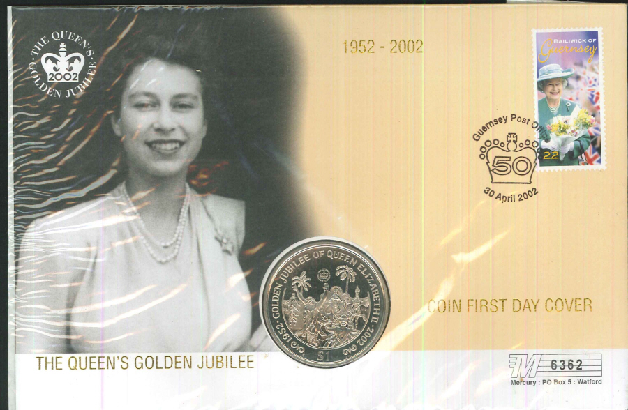 2002 Queen's Golden Jubilee Coin Cover (22p) - $1 Coin and Guernsey Postmark