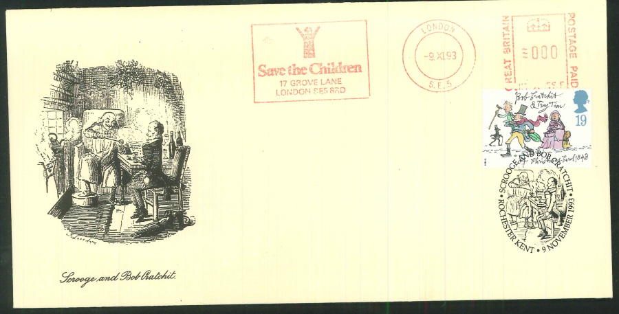 1993 Christmas First Day Cover - Scrooge and Bob Cratchit, Rochester / Save the Children Postmarks