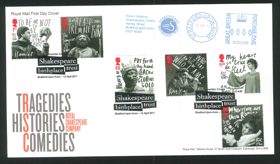 2011 Royal Shakespeare Company - Royal Mail First Day Cover- Stratford Upon Avon / Shakespeare Trust Postmarks