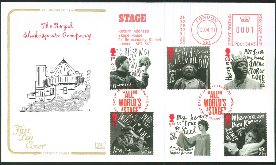 2011 Royal Shakespeare Company, Cotswold First Day Cover - Stratford upon Avon / Stage Postmark