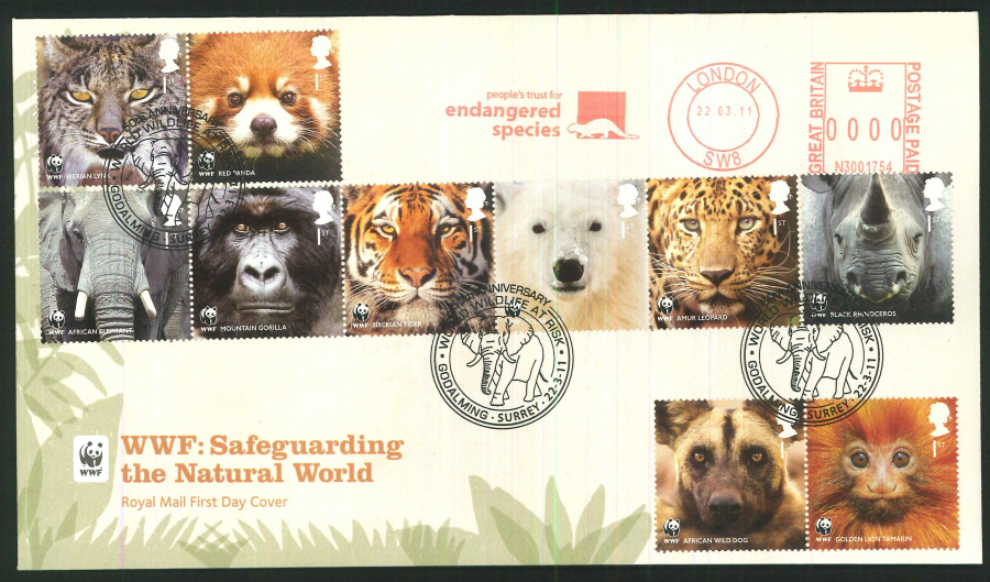 2011 WWF Royal Mail First Day Cover- Godalming/Endangered Species Postmarks