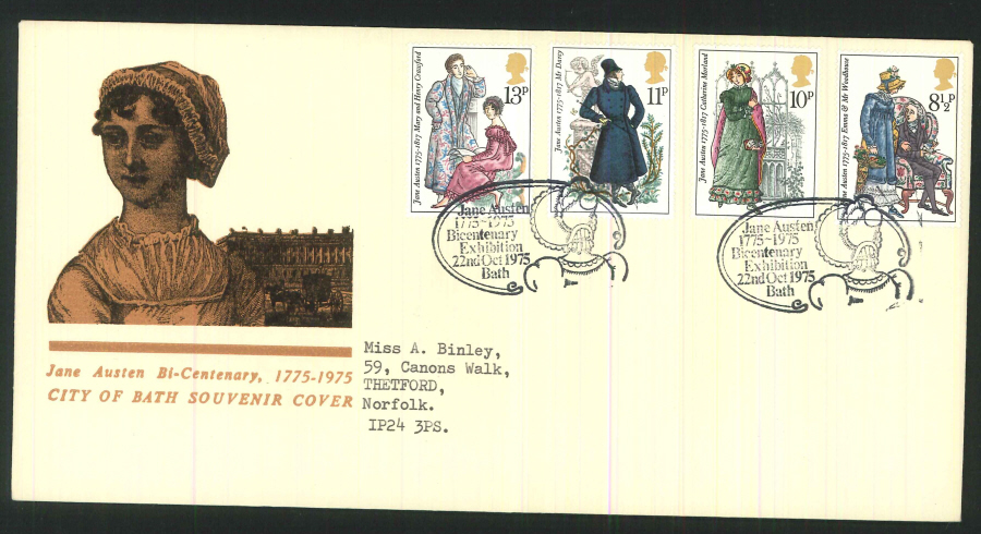 1975 - "Jane Austin Bi-Centenary, 1775-1975 " First Day Cover - Bath Postmark