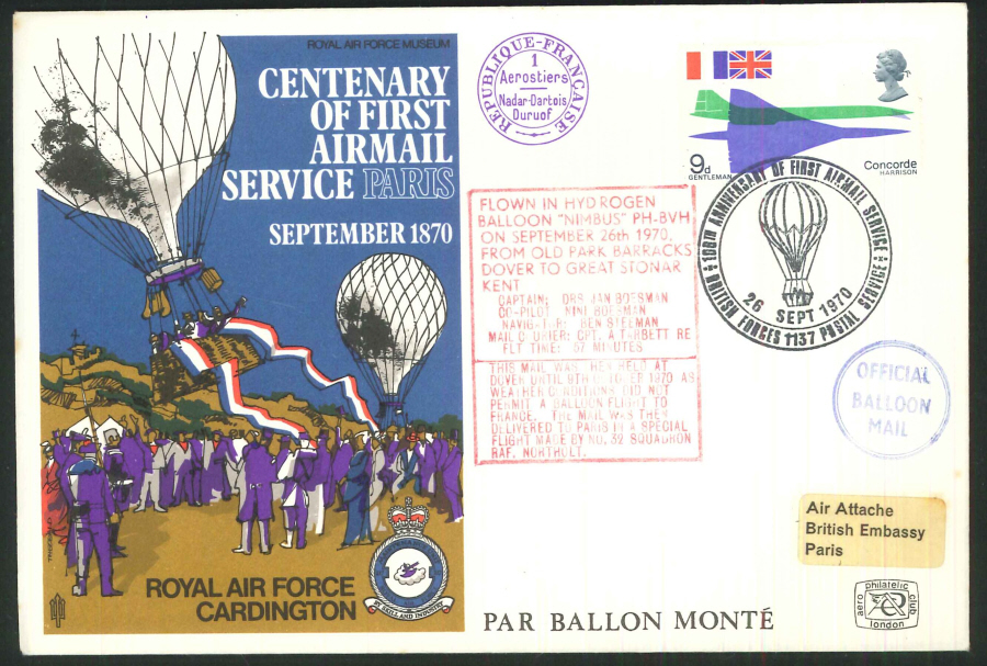 1970 -Centenary of First Airmail Service to Paris Commemorative Cover-BF1137PS & French Postmark - Click Image to Close