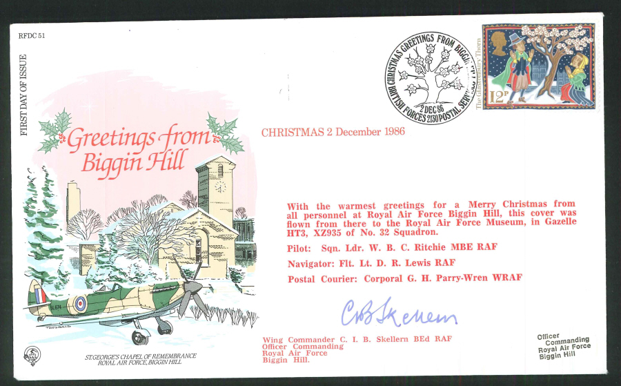 1986 - 'Greetings from Biggin Hill' Christmas First Day Cover - BF2130PS Postmark - Signed