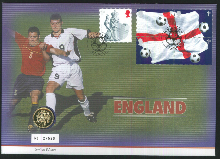 2002 - World Cup Football - England Coin Cover - £1 Coin & Wembley Postmark