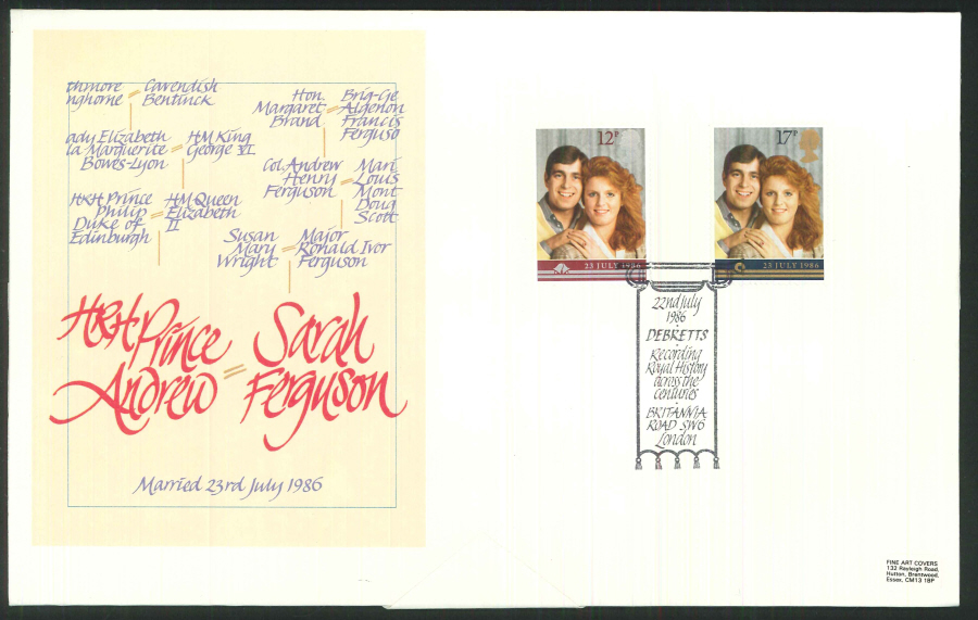 1986 - Royal Wedding First Day Cover- Debretts Recording Royal History Postmark