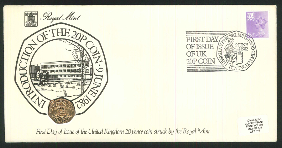 1982 - First Day of 20p Coin Cover - 20p Coin & Llantrisant Postmark - Click Image to Close