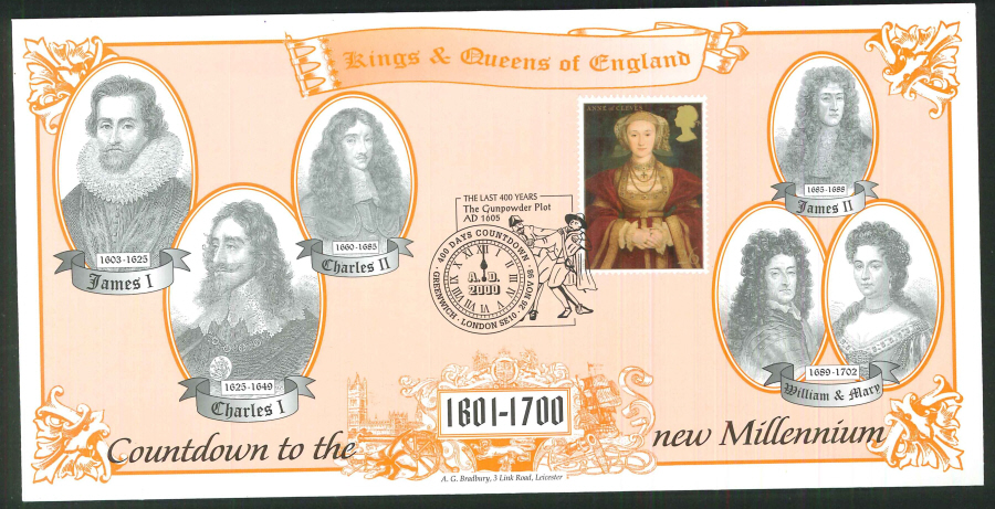 1998 - Countdown to the new Millennium - Kings & Queens of England Commemorative Cover - 400 Days Greenwich Postmark