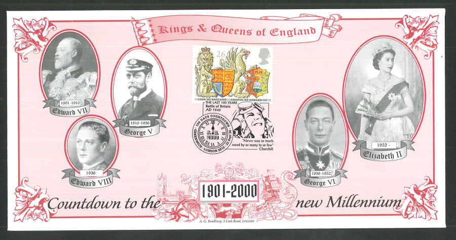 1999 - Countdown to the new Millennium - Kings & Queens of England Commemorative Cover - 100 Days Greenwich Postmark - Click Image to Close