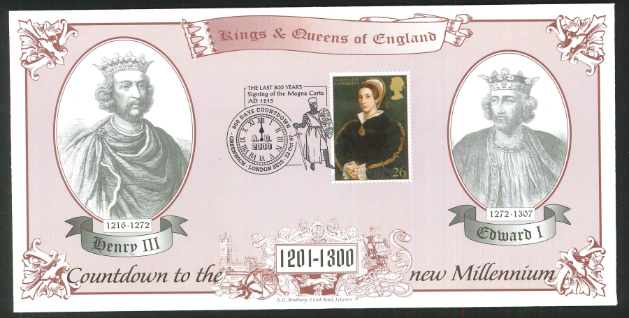 1997 - Countdown to the new Millennium - Kings & Queens of England Commemorative Cover - 800 Days Greenwich Postmark