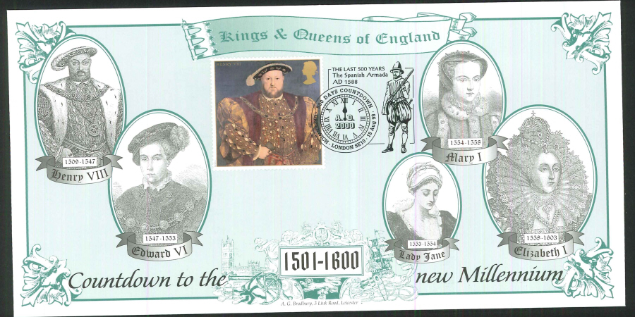 1998 - Countdown to the new Millennium - Kings & Queens of England Commemorative Cover - 500 Days Greenwich Postmark - Click Image to Close