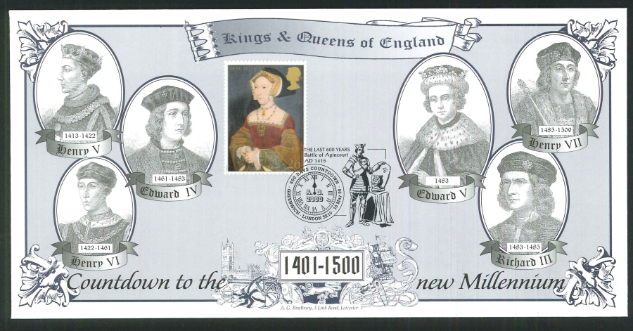 1998 - Countdown to the new Millennium - Kings & Queens of England Commemorative Cover - 600 Days Greenwich Postmark - Click Image to Close
