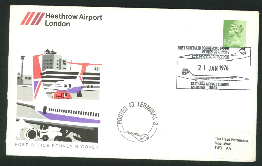 1976 - First Scheduled Commercial Flight of British Airways Concorde, Commemorative Cover - Heathrow Airport London Postmark