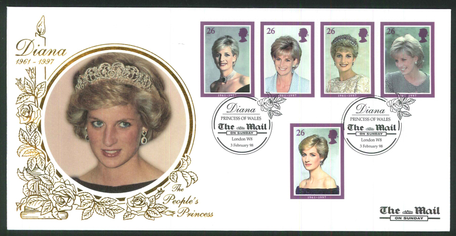 1998 - Diana Princess of Wales First Day Cover -The Mail on Sunday London W8 Postmark