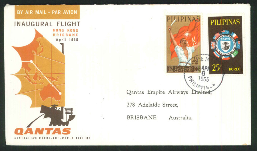 1965 - Inaugural Flight Hong Kong Brisbane Commemorative Cover- Philippines Postmark