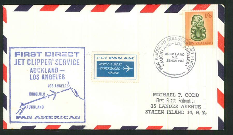 1965 - Inaugural Jet Flight Auckland to Los Angeles Commemorative Cover- Auckland Postmark - Click Image to Close