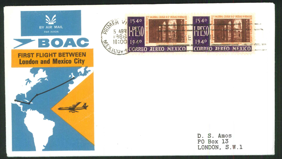 1966 - First Flight London & Mexico City Commemorative Cover- Mexico Postmark