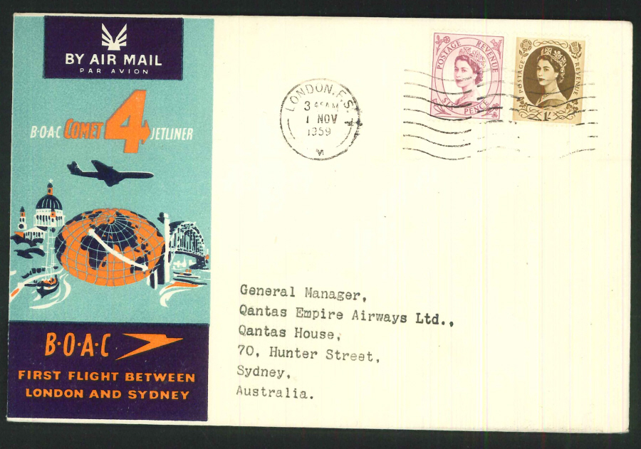 1959 - First Flight London & Sydney (Comet) Commemorative Cover - London Postmark - Click Image to Close