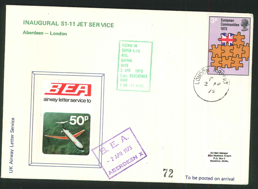 1973 - Inaugural S1-11 Jet Service Commemorative - London Airport & Aberdeen Postmarks - Click Image to Close