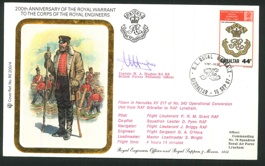 1987 - 200th Anniv.Royal Warrant Royal Engineers Commemorative Cover - Gibraltar Postmark - Signed - Click Image to Close