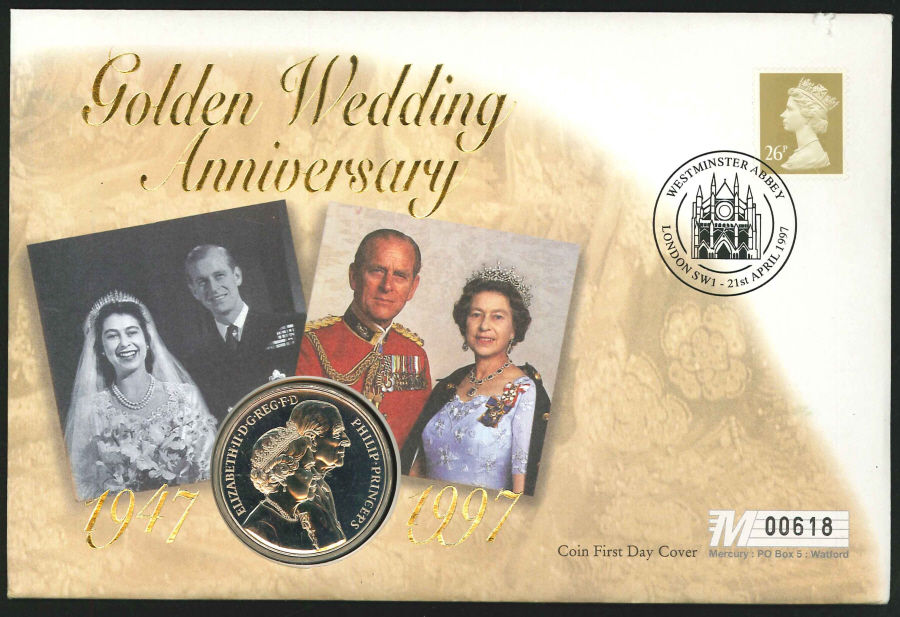 1997 - Golden Wedding Anniversary Coin First Day Cover- £5 Coin & Westminster Abbey Postmark - Click Image to Close