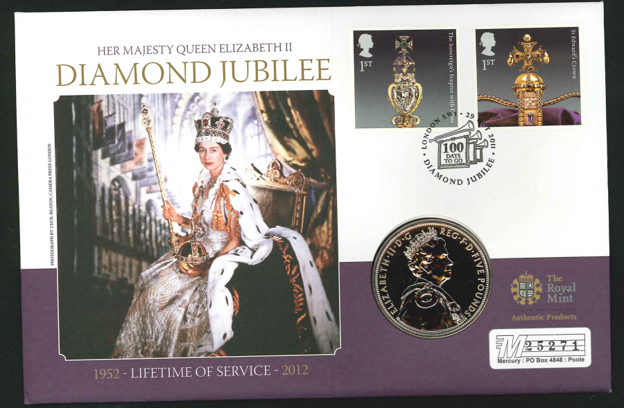 2011 - Diamond Jubilee Coin Commemorative Cover- £5 Coin & 100 Days to Go London SW1 Postmark